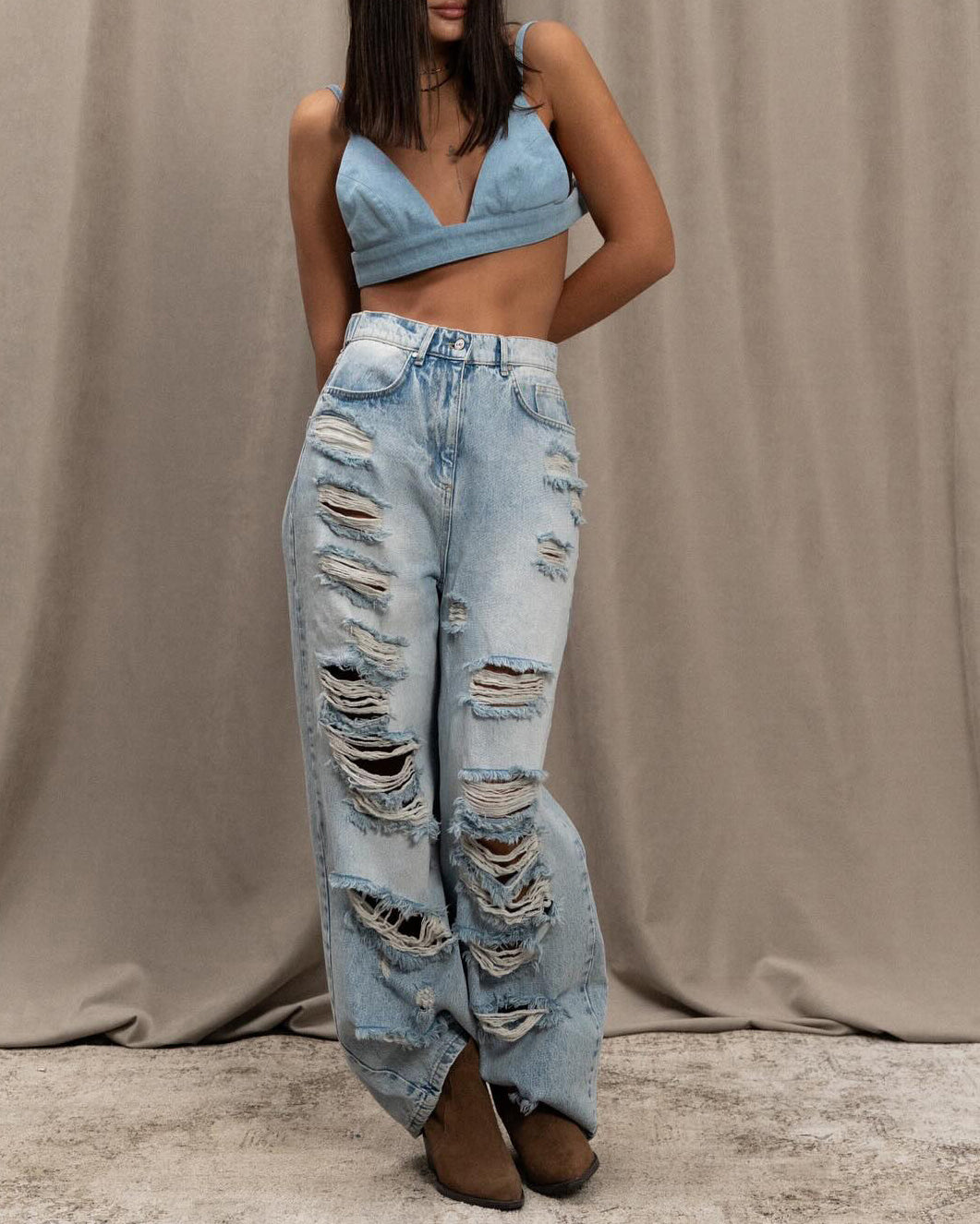 Wasteland Style Ripped Longwide Leg Jeans