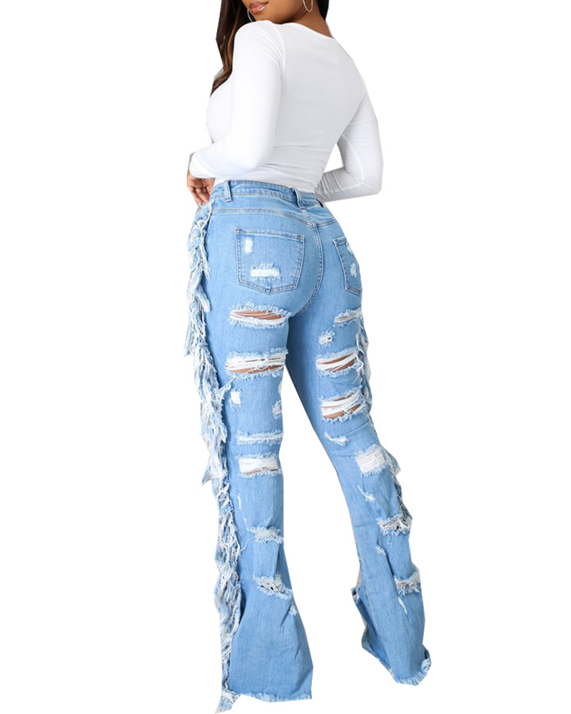 Tassels Ripped Holes Slim-Fit Flared Jeans