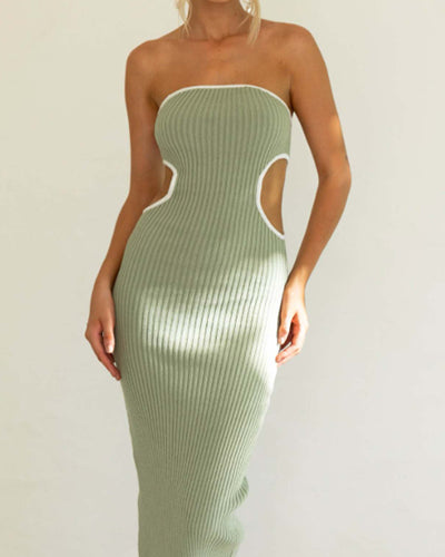 Ribbed Waist Cutout Strapless Slim Fit Dress