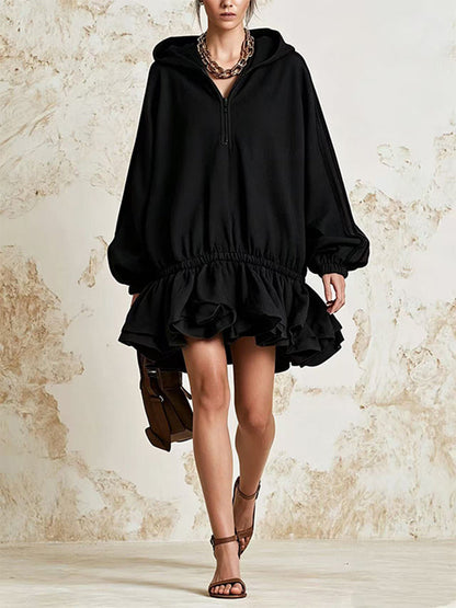 Solid Hoodie Ruffle Dress
