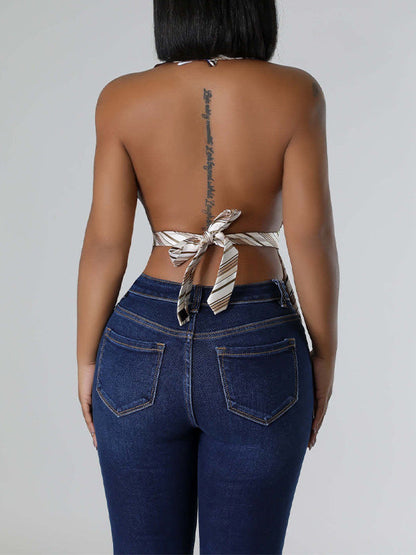 Stripe  V-Neck Backless Vest Top