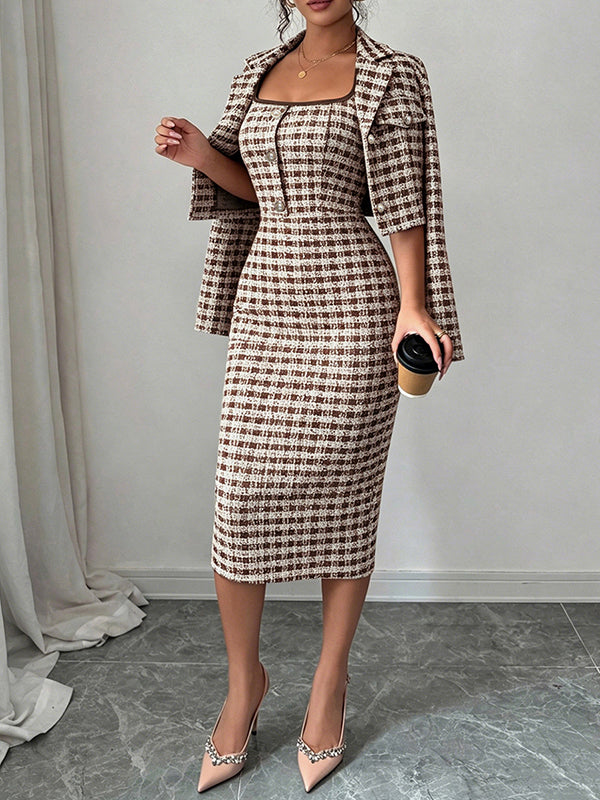 Houndstooth Cropped Blazer & Cami Dress Set