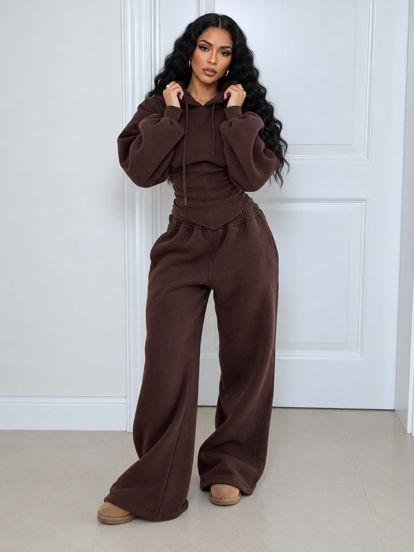 Solid Hoodie Cinched Waist Top & Pants Set