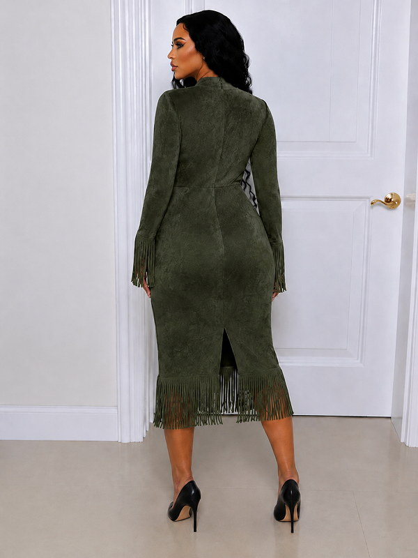 Solid V‑Neck Fringe Maxi Dress