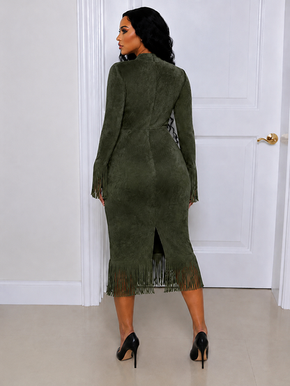 Solid V‑Neck Fringe Maxi Dress
