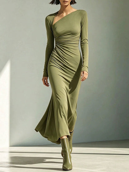 Solid Asymmetric-Neck Maxi Dress