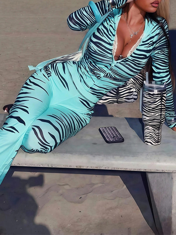 Printed Zip‑Up Hoodie & Pants Set