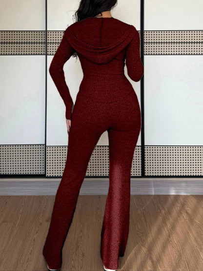 Solid Hooded Zip-Up Top & Pants Set
