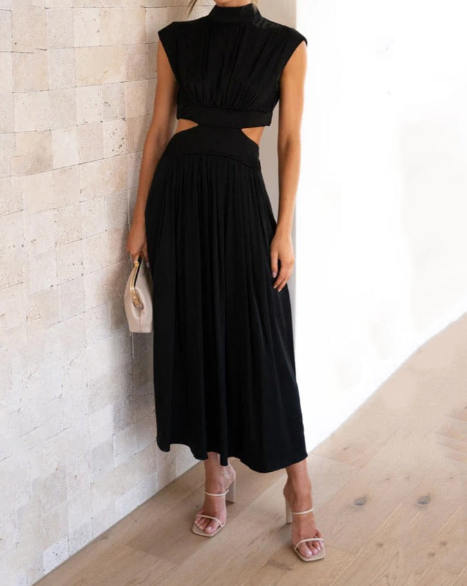 Stand Collar Macaron Waistless Midi Dress Black