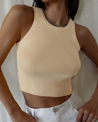 Ribbed Knitted Solid Color Slim Short Camisole Beige M