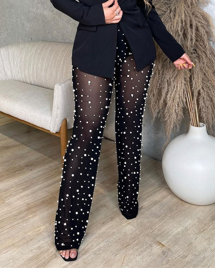 Mesh Beaded Wide-Leg Beaded Trousers