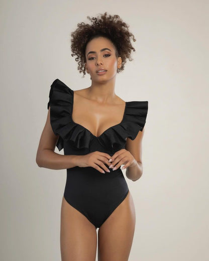 Solid Ruffled Swimsuit and Skirt Only One Piece