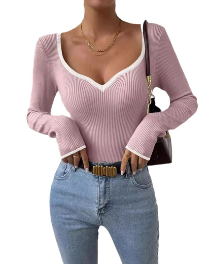 V-Neck Contrast Color Knitted Sweater Ribbed Top