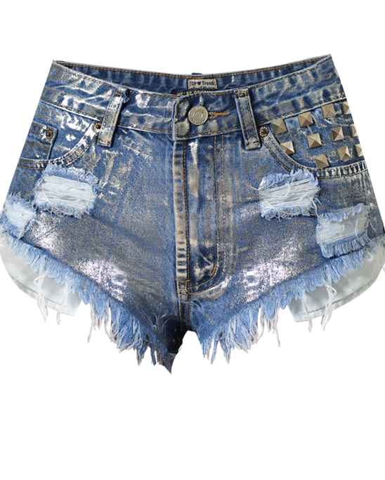 High-Waisted Slim-Fit Ripped Studded Denim Metallic Silver Denim Shorts Blue