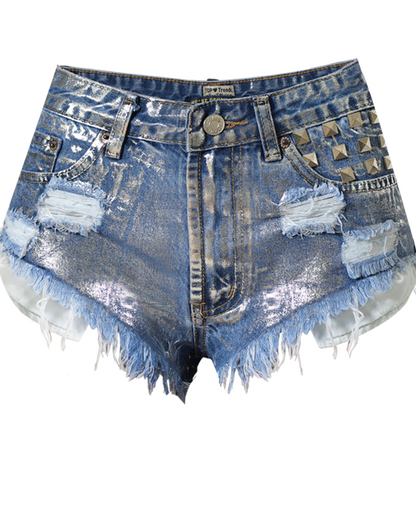 High-Waisted Slim-Fit Ripped Studded Denim Metallic Silver Denim Shorts Blue