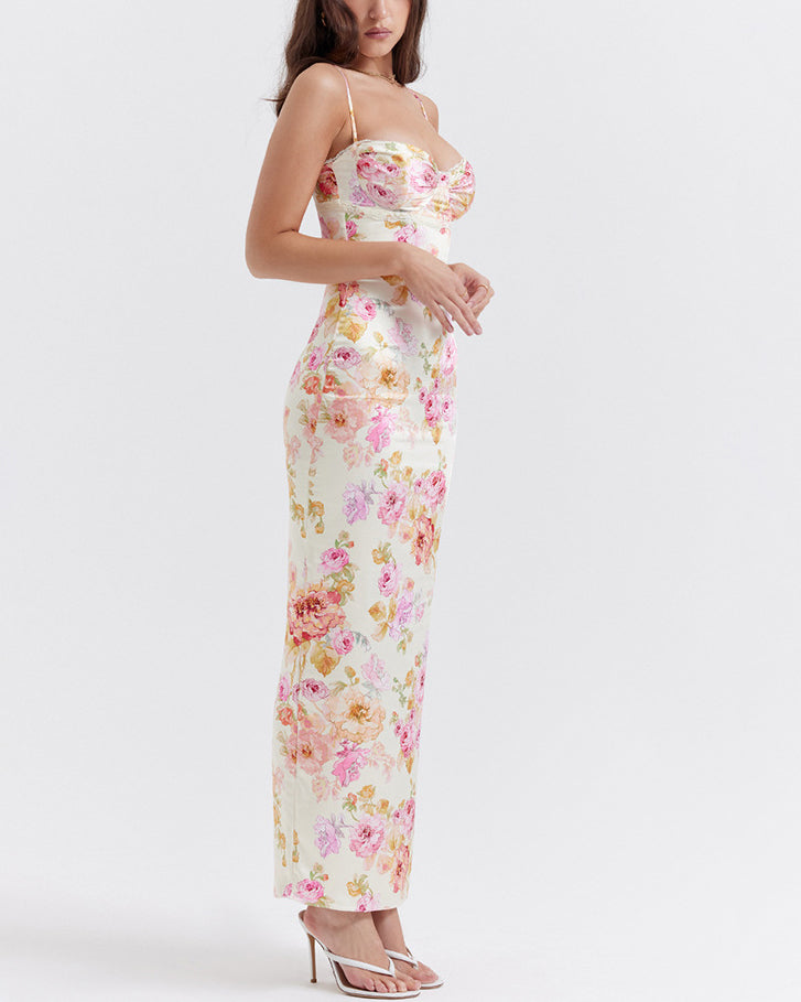 Printed Suspender Long Skirt Sexy Open Back Slit Holiday Style Floral Dress