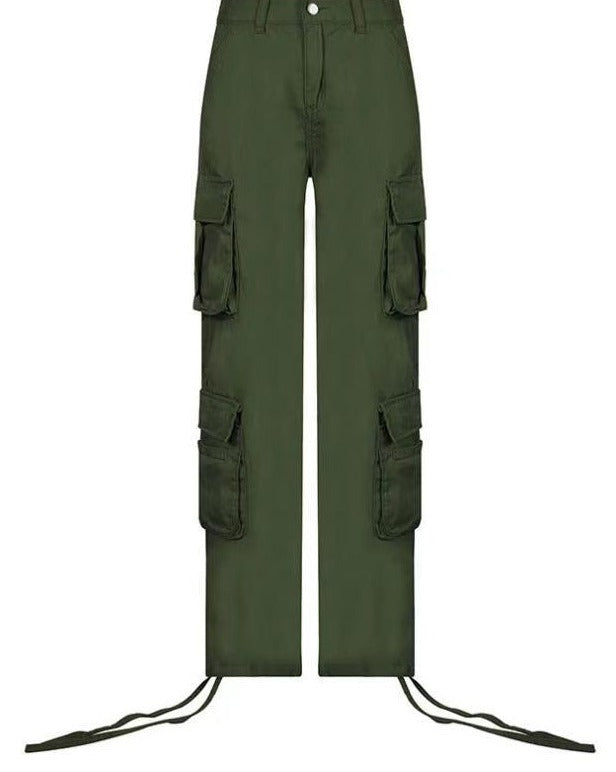 Low-Rise Multi-Pocket Cargo Casual Pants Olive