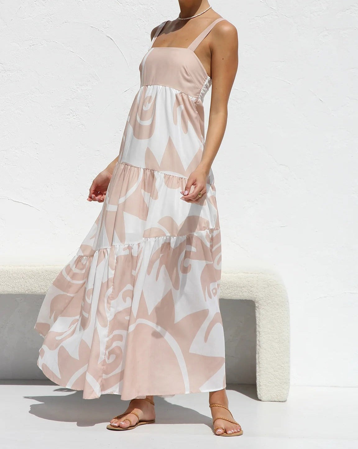 Simple Printed Suspender Maxi Dress with Large Skirt