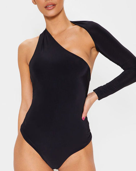 Sexy One Shoulder Bodysuit Milk Silk High Elastic Top Black