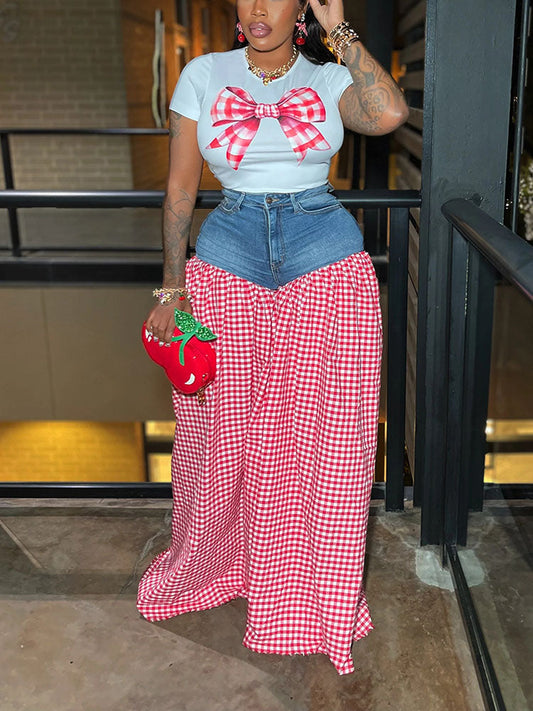 Bow Printed Top & Denim Gingham Pants Set