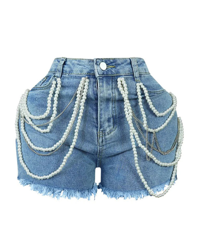 Pearl and Rhinestone Casual Denim Shorts