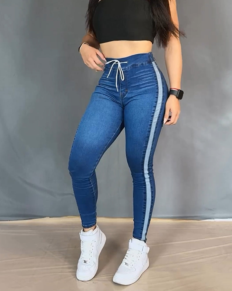 High-Waisted Lace-up Skinny Casual Jeans (Pre-sale) Blue