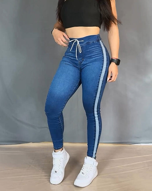 High-Waisted Lace-up Skinny Casual Jeans (Pre-sale) Blue