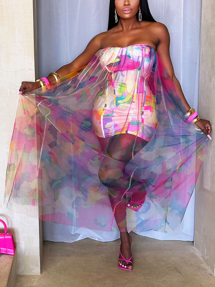 Vibrant Mesh Strapless Maxi Dress