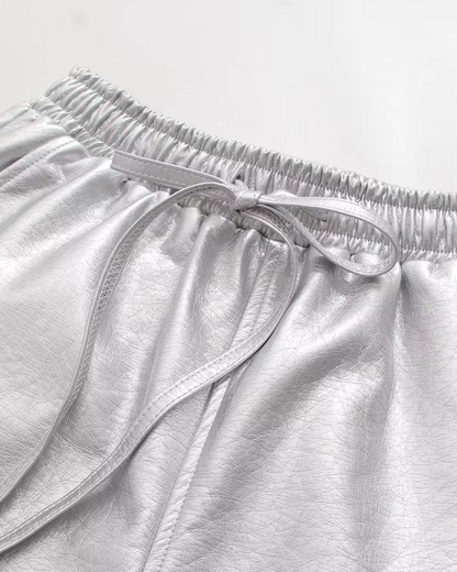 High Waist Elastic Drawstring Leather Wide Leg Shorts Women Thin Straight Silver