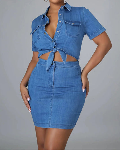 Denim Shirt Short Skirt Hip Suit (Pre-sale)