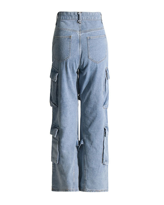 Retro Multi-Pocket Strappy Jeans Women’s Straight Casual Trousers