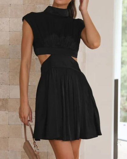 Solid Color Waistline Stand Collar Exposed Waist Mini Dress Black