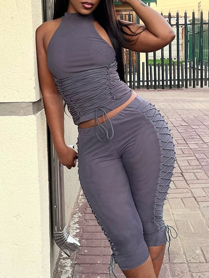 Lace-Up Halter Top & Capri Pants Set