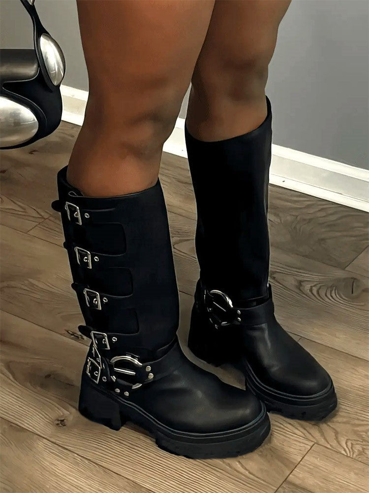 Buckle Leather Chunky Heel Biker Boots