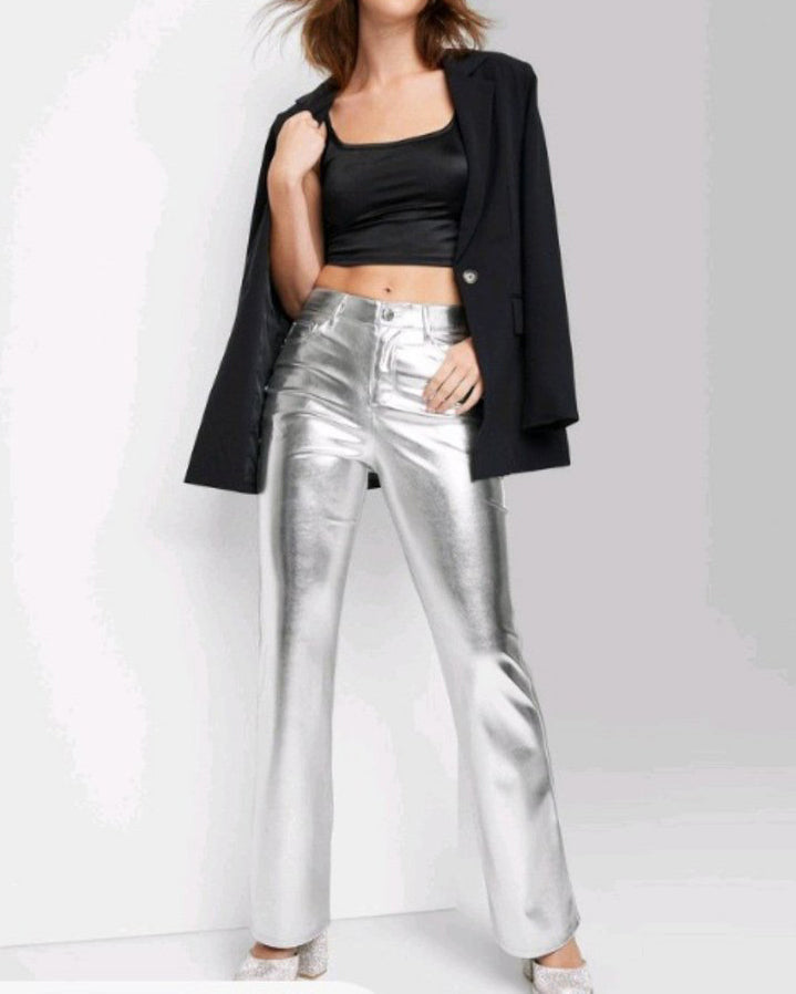 Women's High-Rise Barbie Metallic Faux Leather Flare Pants(Pre sale) Silver