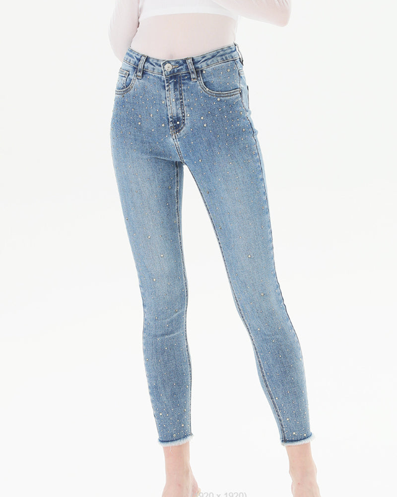 Loose Diamond Rhinestone Skinny Jeans (Pre-sale) Lightblue