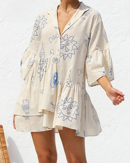 Bell Sleeve Loose Shirt Short Dress Beige