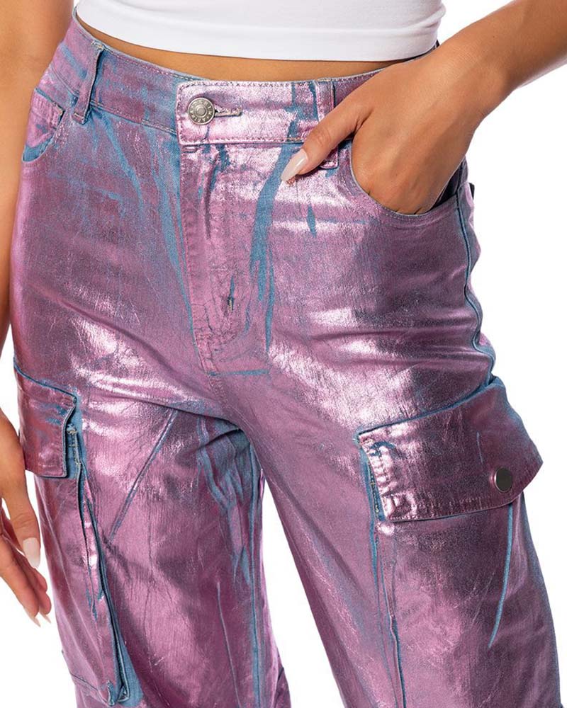 Pocket Cargo Style Metallic Jeans