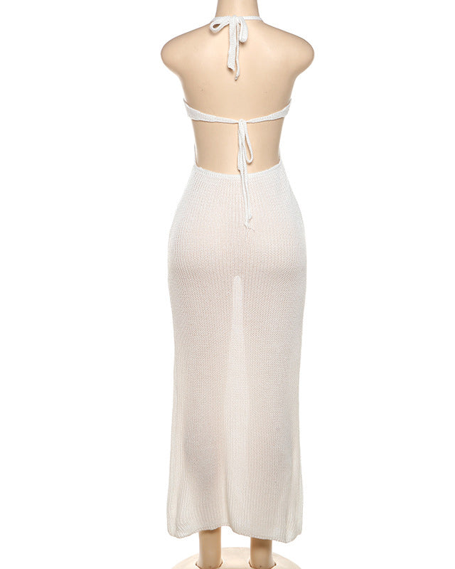 Halterneck Sexy Low-Cut Backless Knitted Hollow See-Through Dress