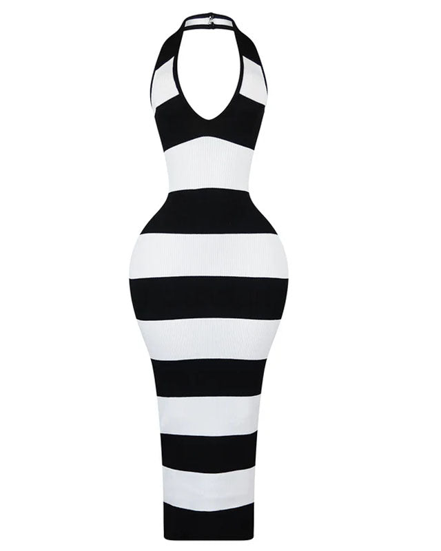 Strapless Halterneck Black and White Striped Dress (Pre-sale)