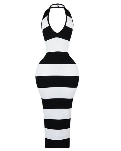 Strapless Halterneck Black and White Striped Dress (Pre-sale)