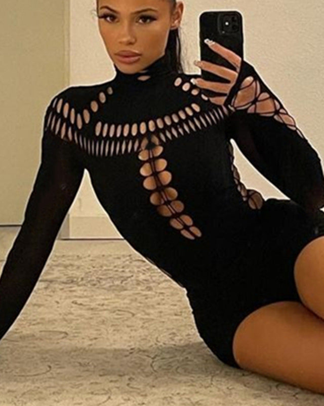 Dark Cyber Y2k Punk Sexy Hollow Out Long Sleeve Bodysuits