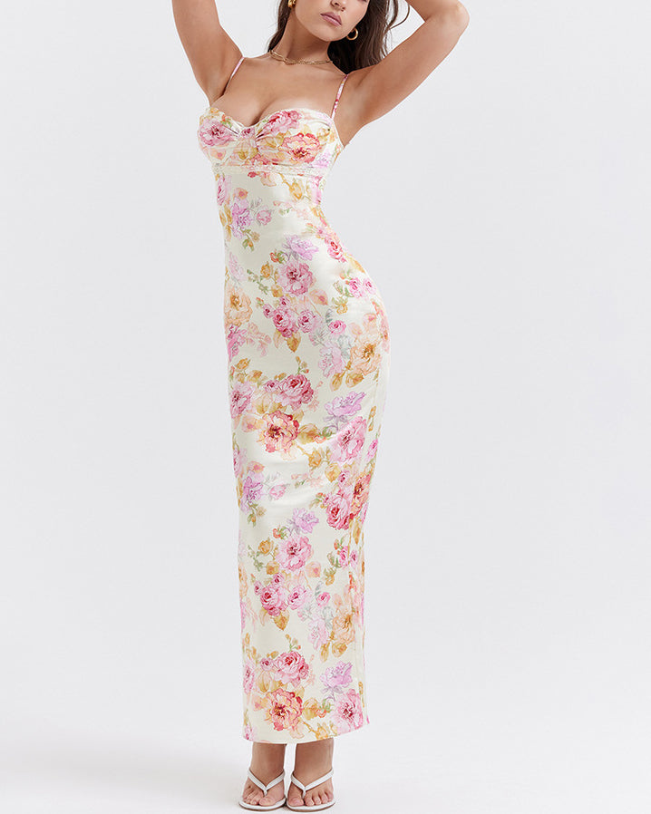 Printed Suspender Long Skirt Sexy Open Back Slit Holiday Style Floral Dress