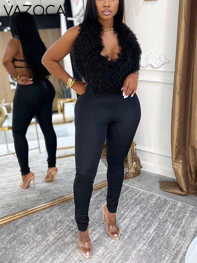 Fur Halter Vest & Leggings Set Black