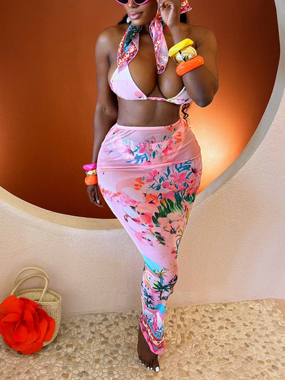 Tropical 3 Piece Bikini Skirt Swim Set