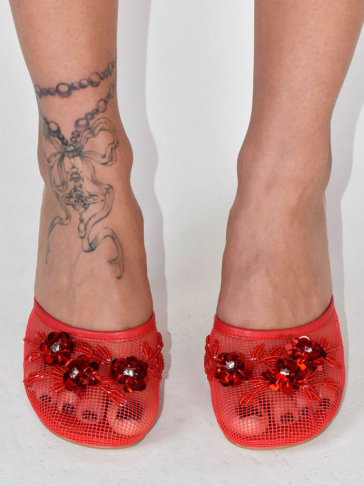 Floral Embroidered Mesh Wedge