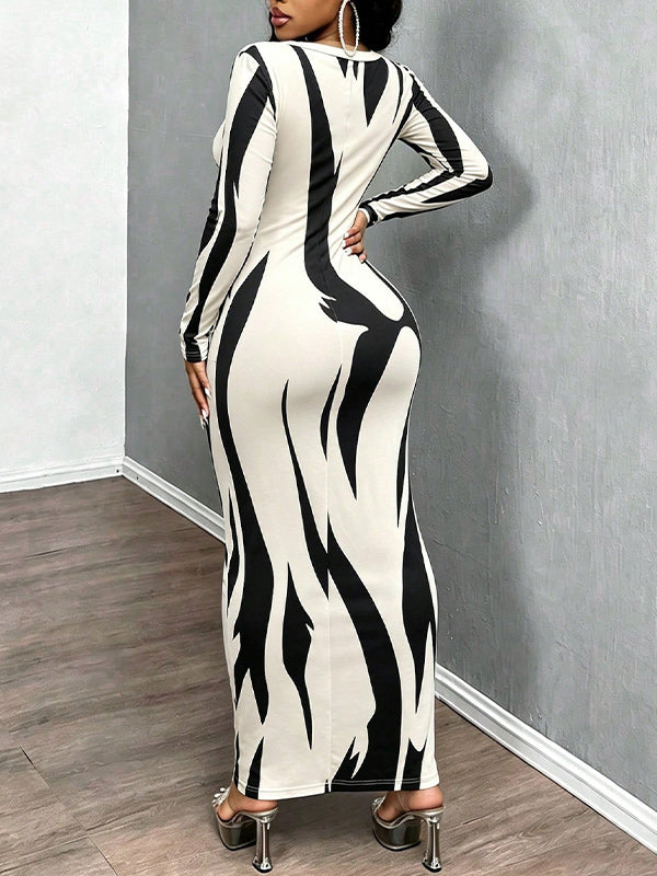 Printed V‑Neck Bodycon Maxi Dress