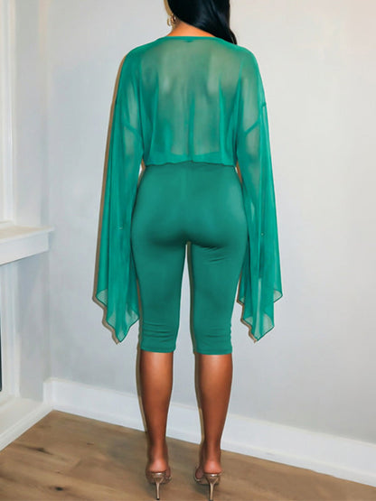 Solid Mesh Asymmetrical Top & Capri Pants Set