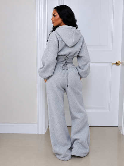 Solid Hoodie Cinched Waist Top & Pants Set