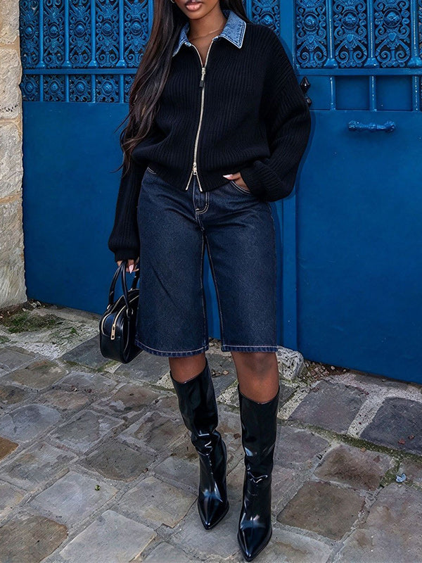 Denim Paneled Double Zip Sweater